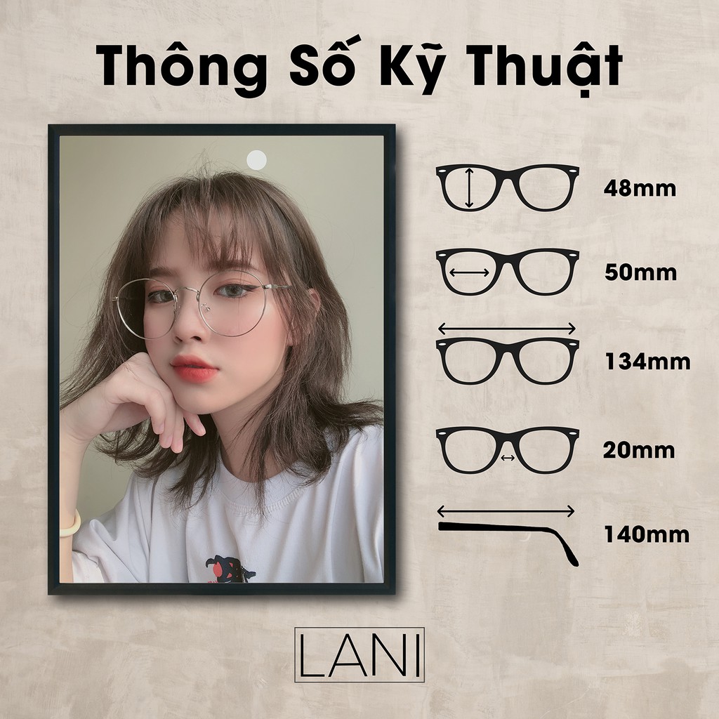 Gọng kính cận nam nữ LANI tròn to vintage kim loại nhiều màu thời trang  2297