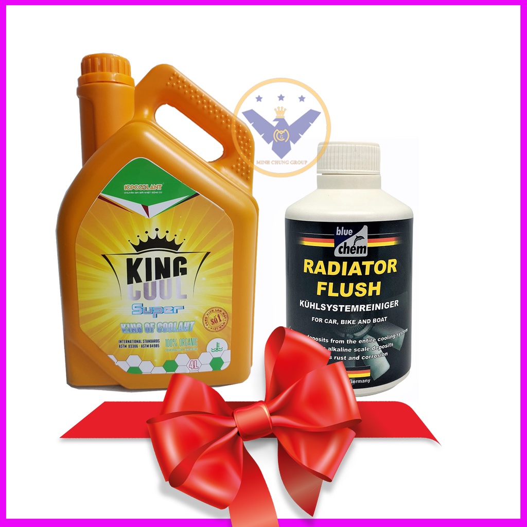 COMBO Nước làm mát xe ô tô [màu xanh]KINGCOOL SUPER can 4L + Súc két nước BLUECHEM 300ml