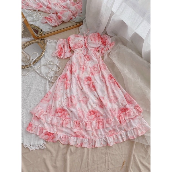 ĐẦM MAXI HOA BẸT VAI ĐAN DÂY NGỰC