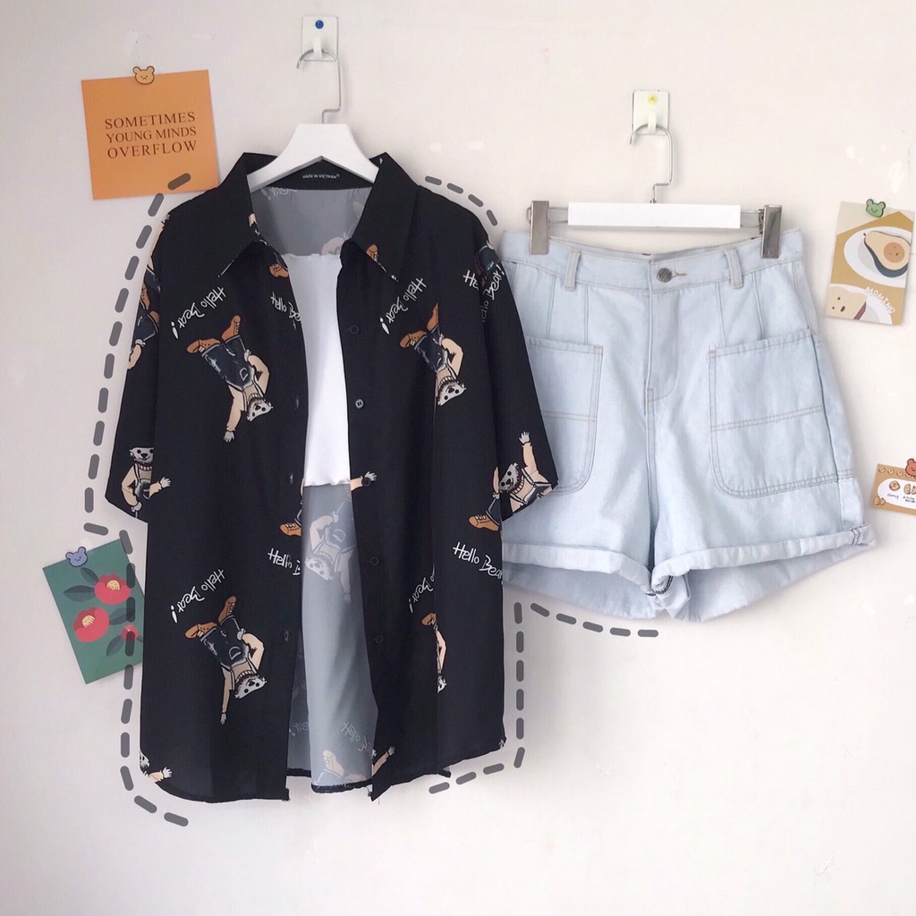 Áo Sơ Mi Họa Tiết Hoạt Hình Mario Tay Lỡ Dáng Rộng Ulzzang Unisex, Sơ Mi Đi Biển - MM