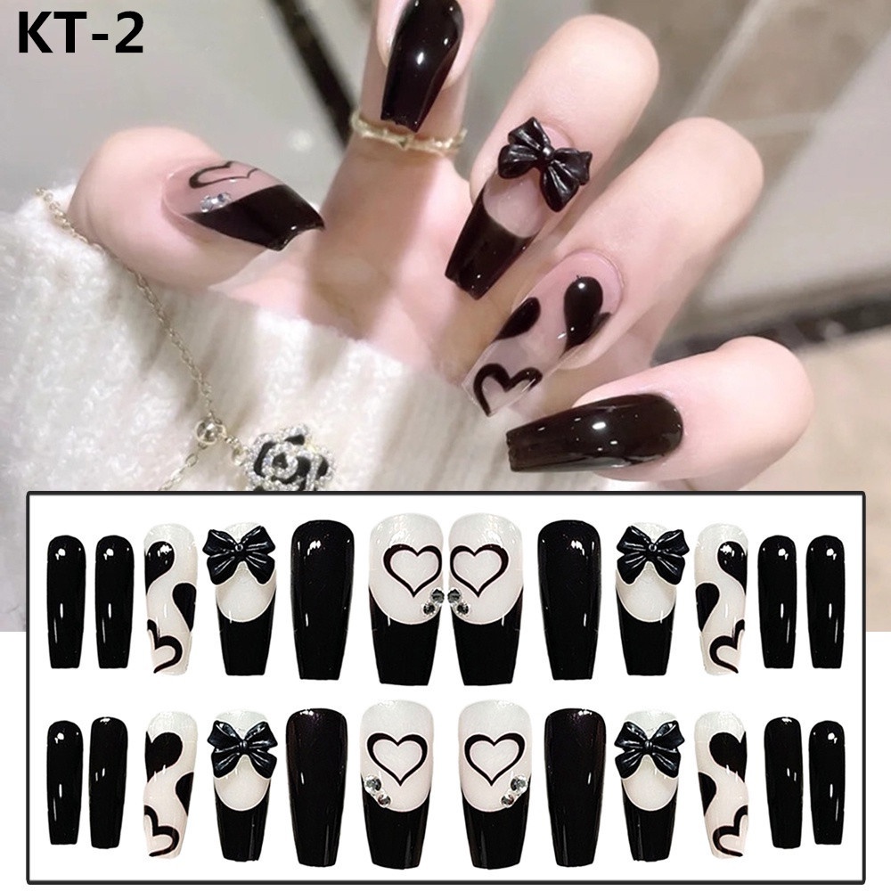 Bộ Móng Tay Giả Đính Nơ Họa Tiết Kẻ Ô Chống Thấm Nước Phong Cách Cổ Điển Thời Trang Tinh Tế Kèm Keo Dán Cho Nữ