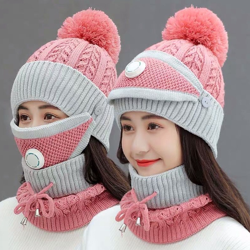 Set 3 món gồm mũ trùm đầu + khăn choàng cổ + khẩu trang giữ ấm mùa đông cho nữ