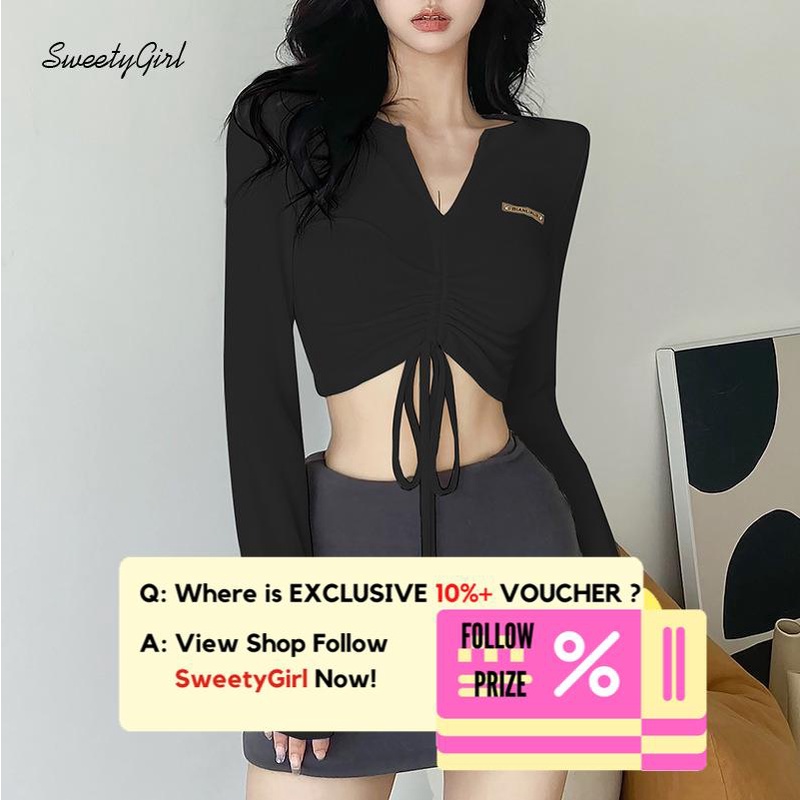 Áo Thun Tay Dài Cổ Chữ V Màu Trơn Dáng Ôm Thời Trang 2022 Quyến Rũ Cho Nữ