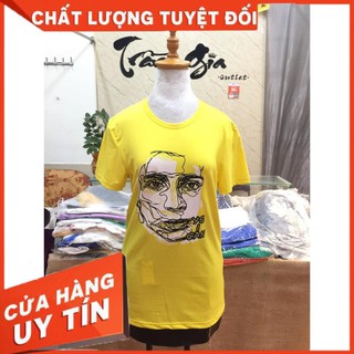 Áo thun cotton denim màu vàng hình mặt người