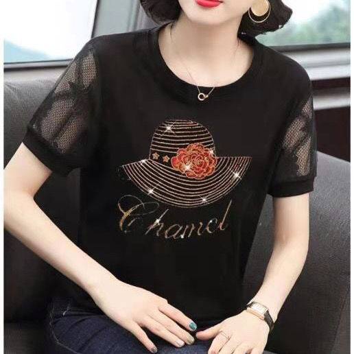 Áo Thun Tay Ngắn Màu Đen Phối Lưới Thiết Kế Cỡ Lớn Thời Trang Trẻ Trung Cho Nữ