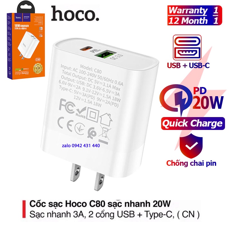 Cốc Sạc Nhanh Hoco C80 18W (QC3.0, PD) - BH 1 Năm Chính Hãng (KHÔNG KÈM CÁP)