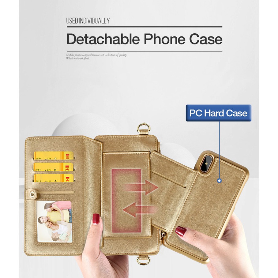 Bao da màu vàng đa năng có thể dùng như túi đeo nhỏ đựng thẻ tiện dụng cho iPhone 6 6s 7 8 plus X