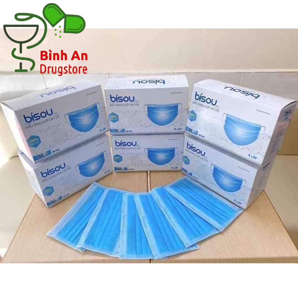 [CHÍNH HÃNG] KHẨU TRANG Y TẾ 4 LỚP KHÁNG KHUẨN BISOU - Hộp 50 cái chia 5 bịch