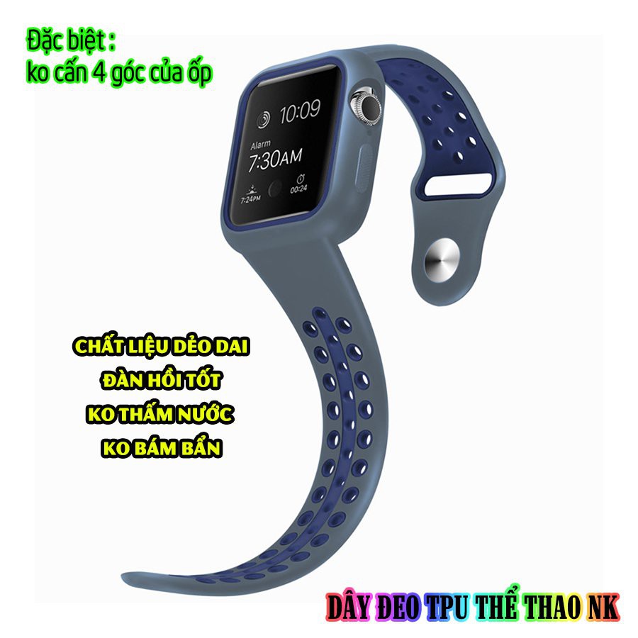 Dây Đeo liền ốp cho Apple Watch 7//6/5/4/3/2/1 size 38/40/41/42/44/45mm TPU Thể Thao Viền Màu NK_Xám Xanh
