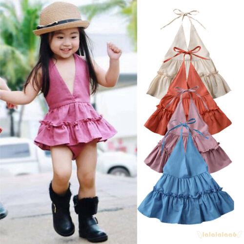 Đầm Bé Gái Cổ Chữ V Màu Trơn