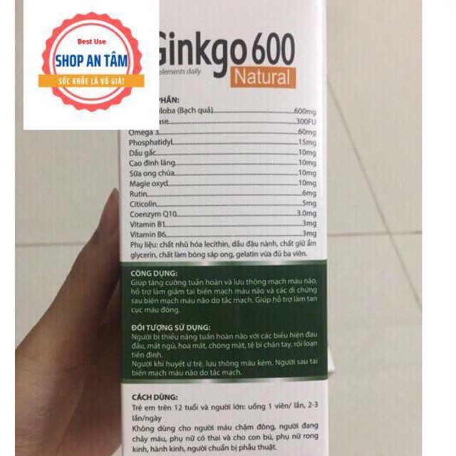 Viên bổ não Ginkgo 600 tăng cường trí nhớ, tăng cường máu đến não, hội chứng tiền đình, trí nhớ suy giảm