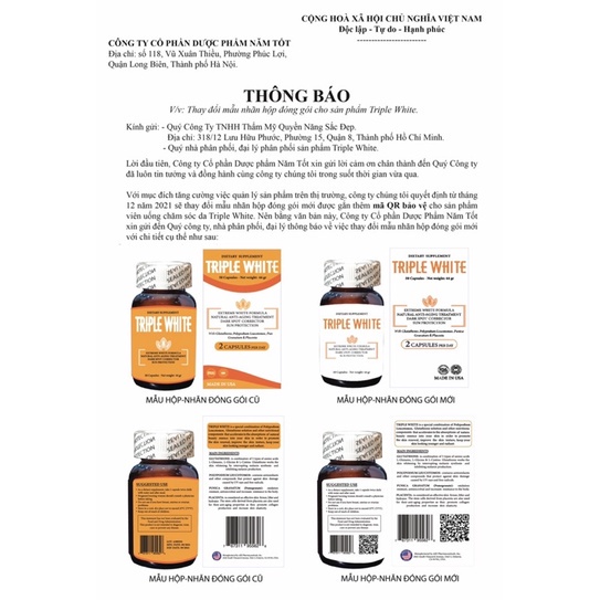 Viên uống sáng da Triple White chống nắng, đẹp da, giảm thâm nám của Mỹ - Hàng chính hãng - Nhà thuốc Pincare