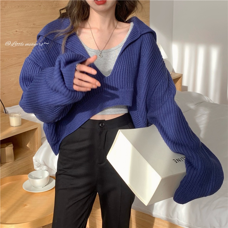 Áo Hoodie Dệt Kim Tay Dài Dáng Rộng Cổ Chữ V Dễ Thương Xinh Xắn