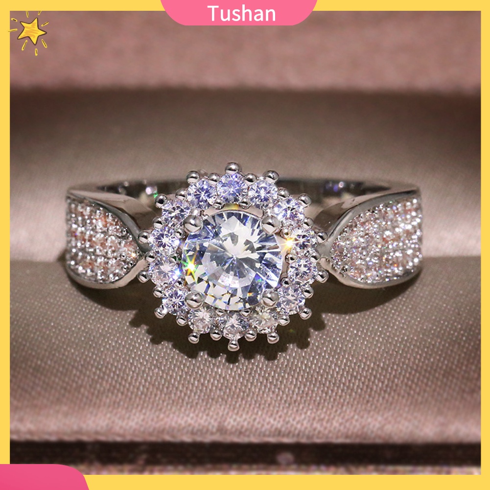 TUSH Luxury Women Round Cut Rhinestone Inlaid Finger Ring Proposal Party Jewelry Gift