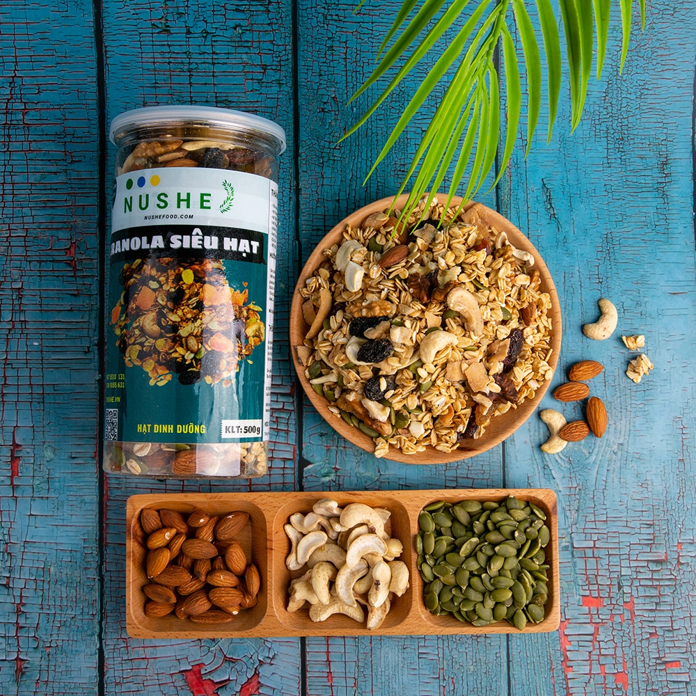 Granola Siêu Hạt, Nushe Food, Giảm Cân, Ăn Vặt, 10% yến mạch, 500gr, ăn kiêng, tăng cân