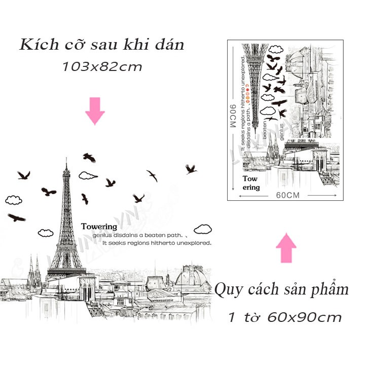 Decal dán tường trang trí quán cafe, văn phòng,phòng khách - Thành phố Paris nâu