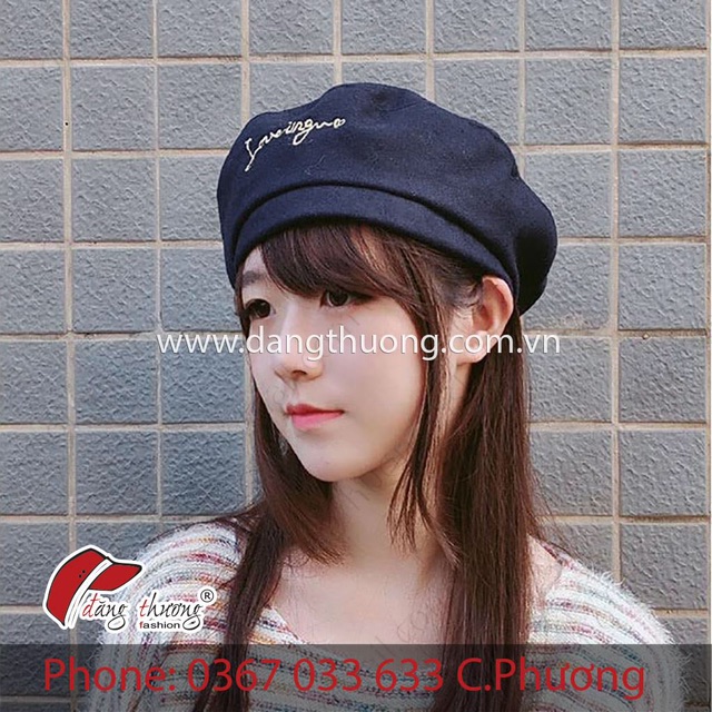 Mũ nồi nỉ dạ beret thêu chỉ ánh kim LOVING màu xanh đen/ đỏ/ đen