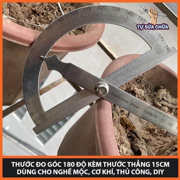 Thước đo góc 180 độ kèm thước thẳng 15cm dùng cho nghề mộc, cơ khí, thủ công, DIY