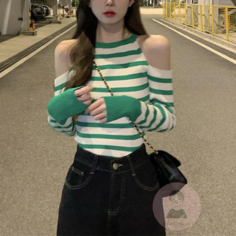 Áo Thun Dài Tay Cổ Tròn Họa Tiết Sọc Ngang Thời Trang Dành Cho Nữ