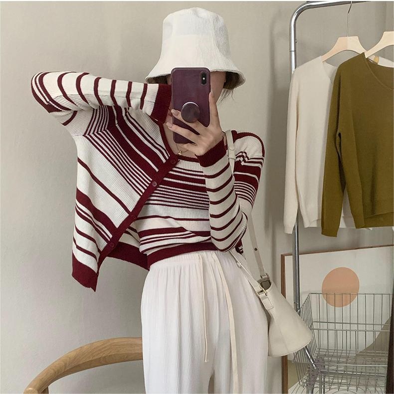 【ZHELIHANGFEI】Áo Cardigan Dệt Kim Không Tay Lưng Cao Họa Tiết Kẻ Sọc Thời Trang Cho Nữ