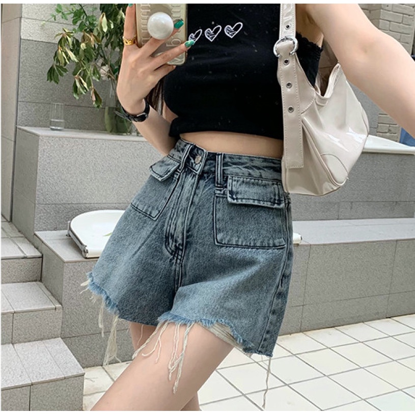 Quần Short Denim Nữ Lưng Cao Rách Gối Thời Trang