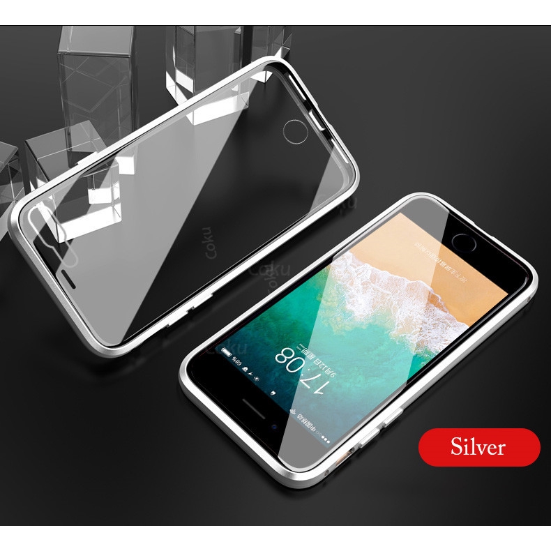 Ốp điện thoại kính cường lực hai mặt viền nhôm nam châm 360 độ cho iPhone 7 8 PLUS X XR XS MAX