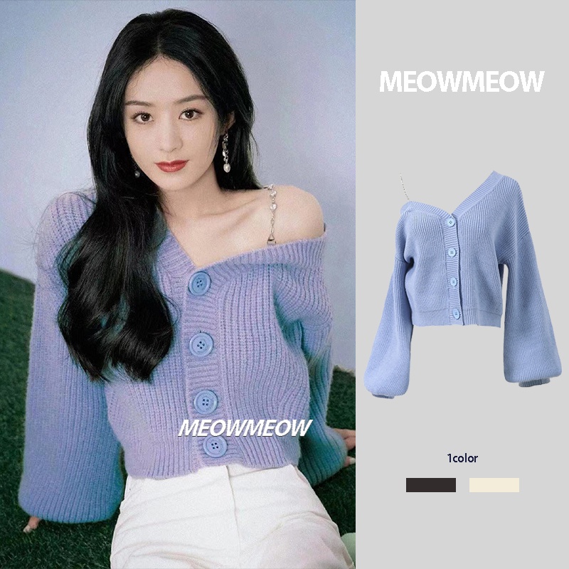 Áo khoác cardigan len Lide trễ vai màu tím nữ tính
