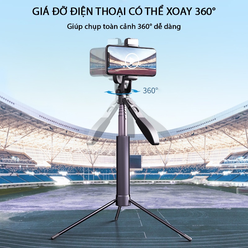 Gậy Chụp Ảnh Siêu Dài Tripod siêu dài 1m6 cứng cáp A21 tích hợp Remote Bluetooth, đèn chiếu sáng LED