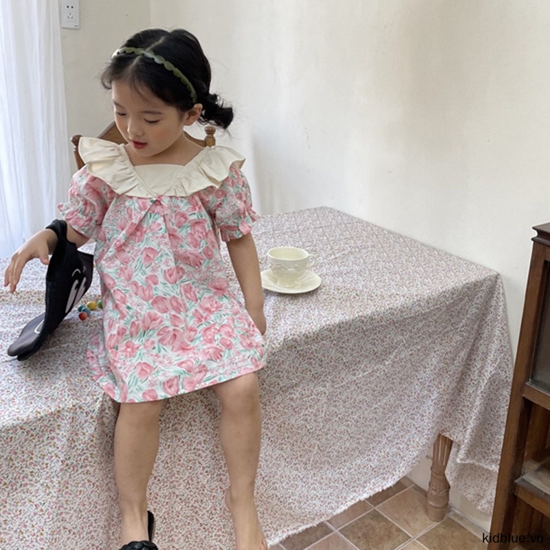 Đầm Công Chúa Tay Ngắn Cổ Búp Bê In Họa Tiết Hoa Thời Trang Mùa Hè Hàn Quốc Cho Bé Gái