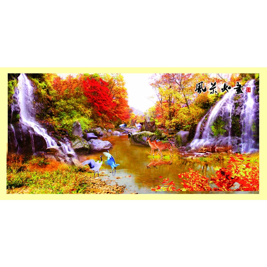 Tranh Dán Tường 3D Phong Cảnh Đồng Quê Yên Bình có viền khung giả, hình hòn non bộ, mùa lá vàng rơi, đồng quê miền núi