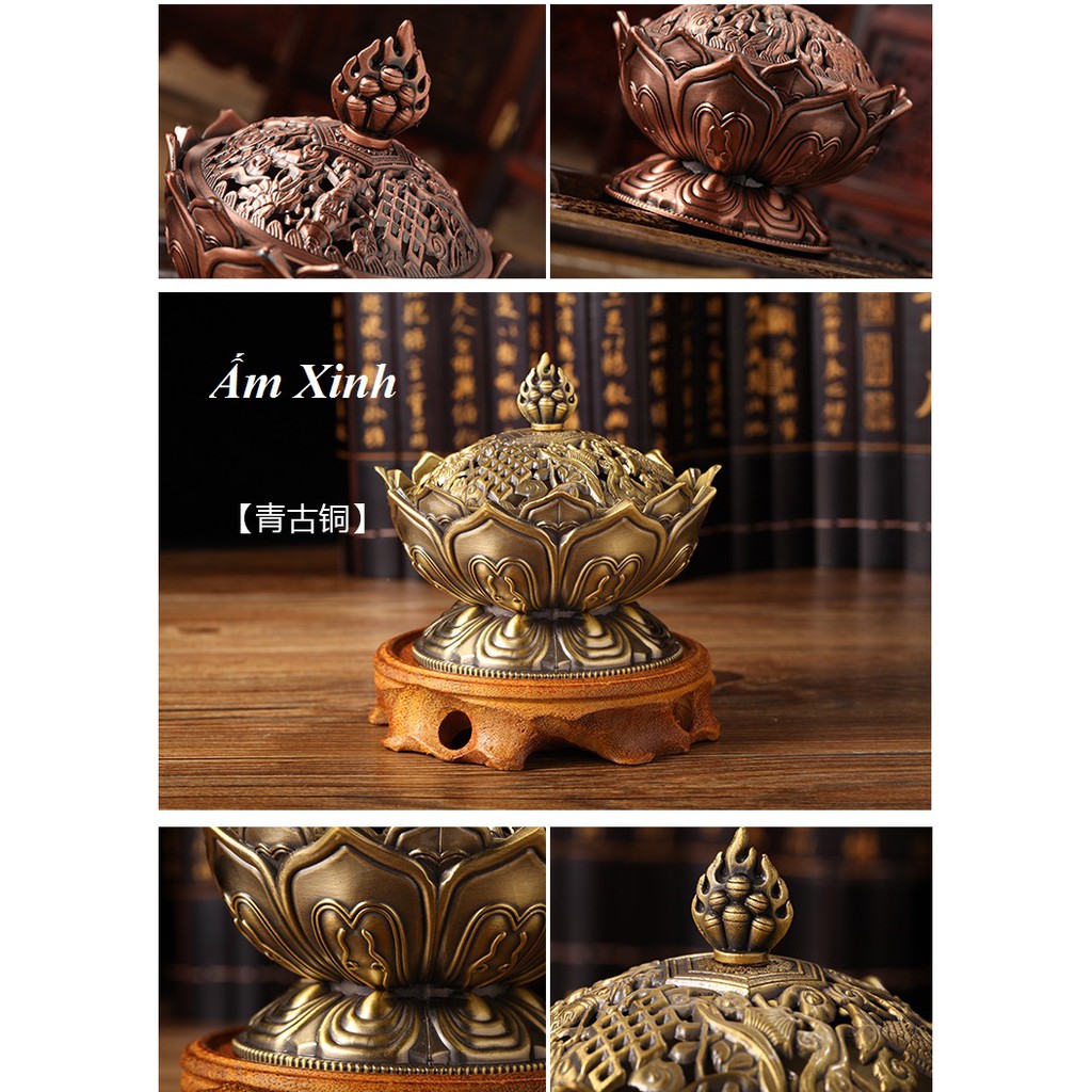 Lư Hương Đốt, Xông Trầm Hương Bằng Hợp Kim Đồng Tạo Hình Hoa Sen Đẹp Mắt