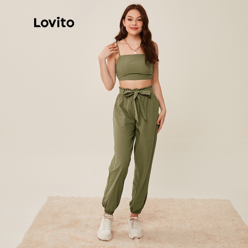 Lovito Set Áo Sơ Mi Trơn + Quần Dài Lưng Thun L20D270 Thời Trang Cho Nữ