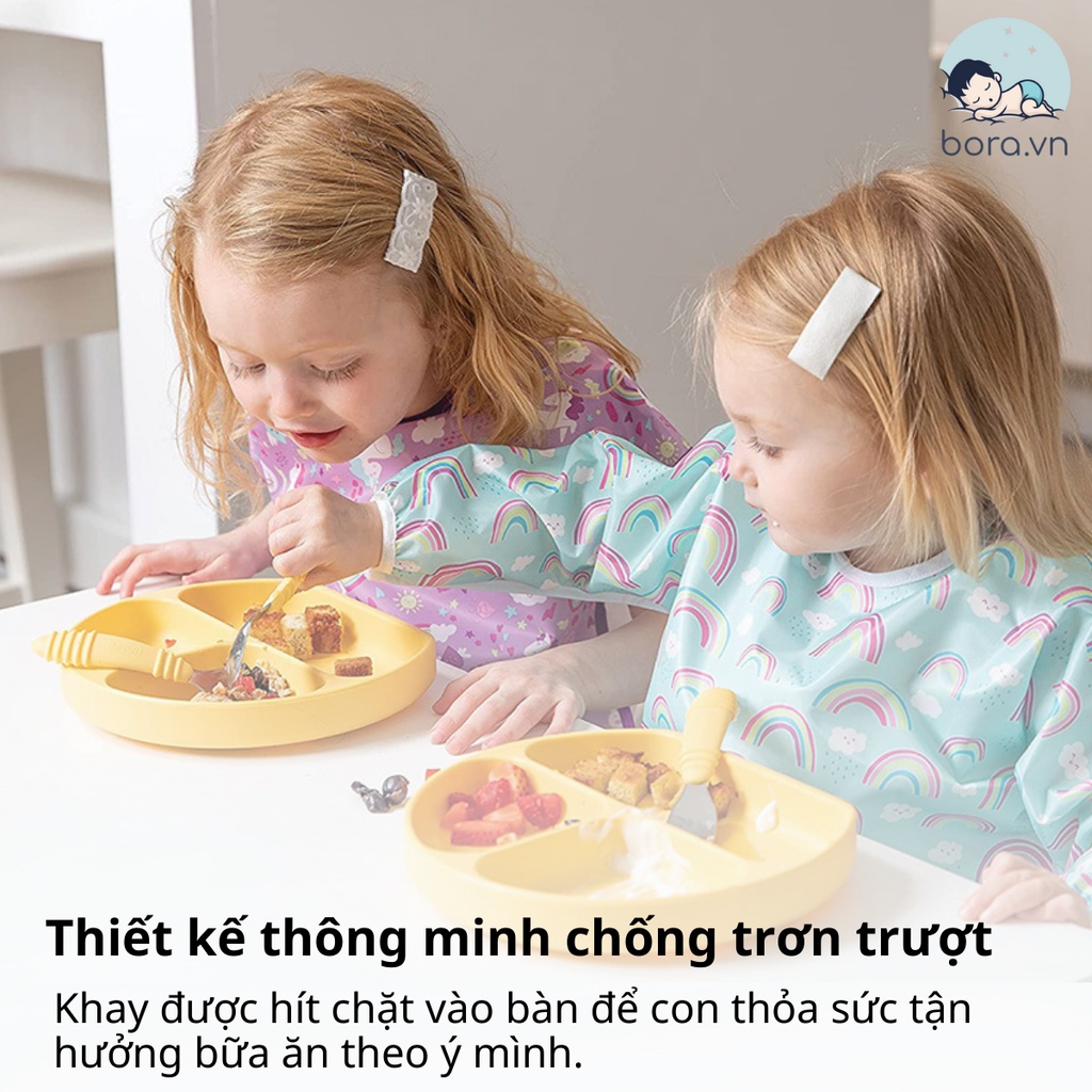 Khay ăn dặm silicon chống đổ có nắp đậy kèm thìa dĩa cho bé