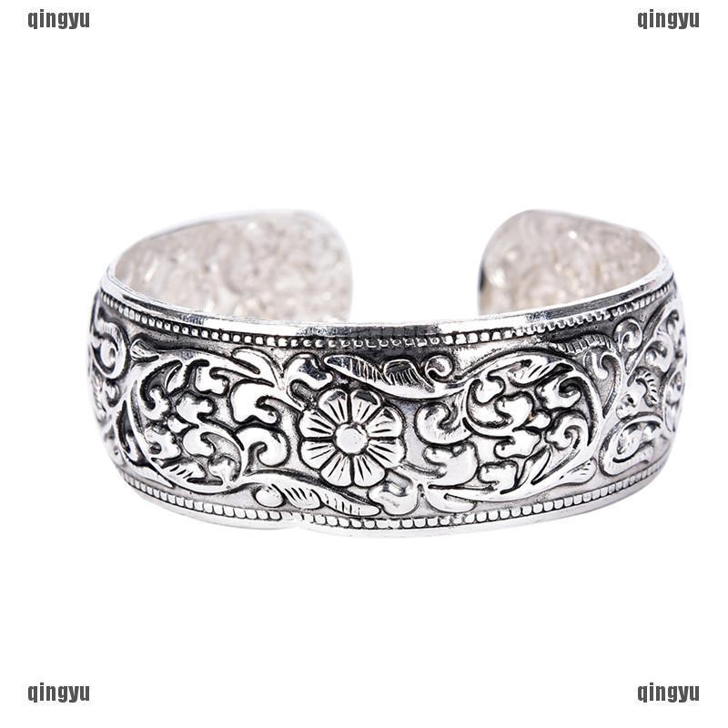 Vòng Tay Bạc Tây Tạng Chạm Khắc Hoa May Mắn