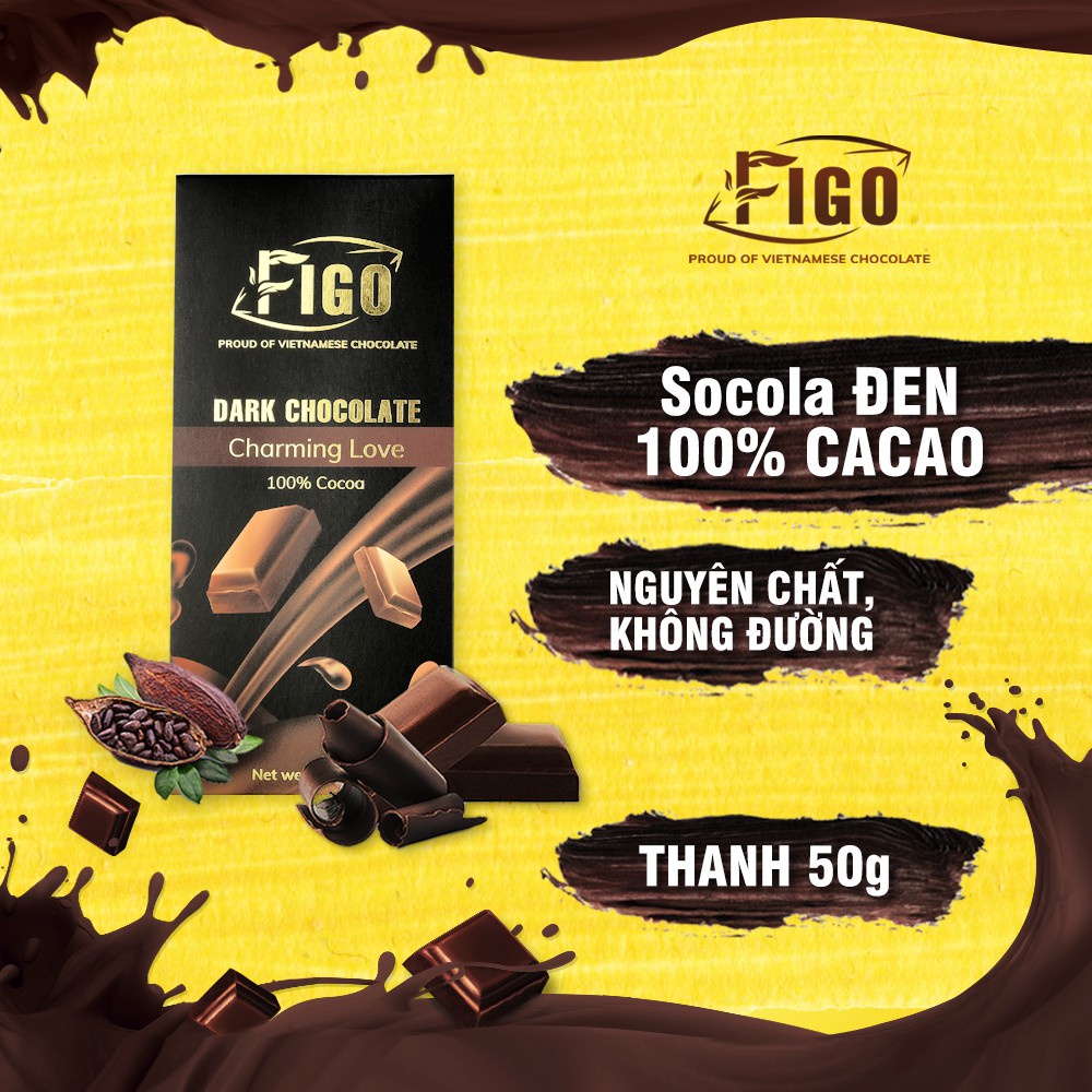 Thanh Dark Chocolate 100% Cacao không đường 50g FIGO, Yourshop, Ăn Vặt Giảm Cân, Ăn Kiêng - Chocolate Figo