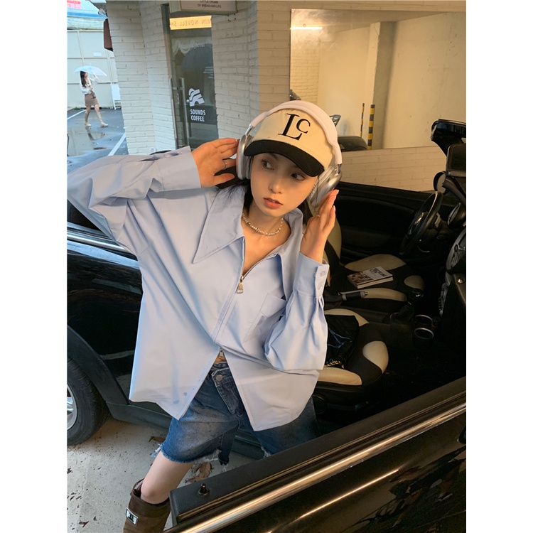 Áo Sơ Mi Tay Dài Có Khóa Kéo Đôi Dáng Rộng Màu Trơn Thời Trang Hàn Quốc Cổ Điển Dành Cho Bạn Nữ