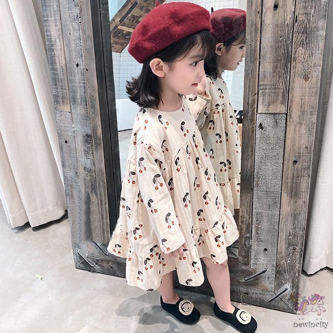 Đầm bé gái tay dài in trái cherry xinh xắn phong cách Hàn Quốc