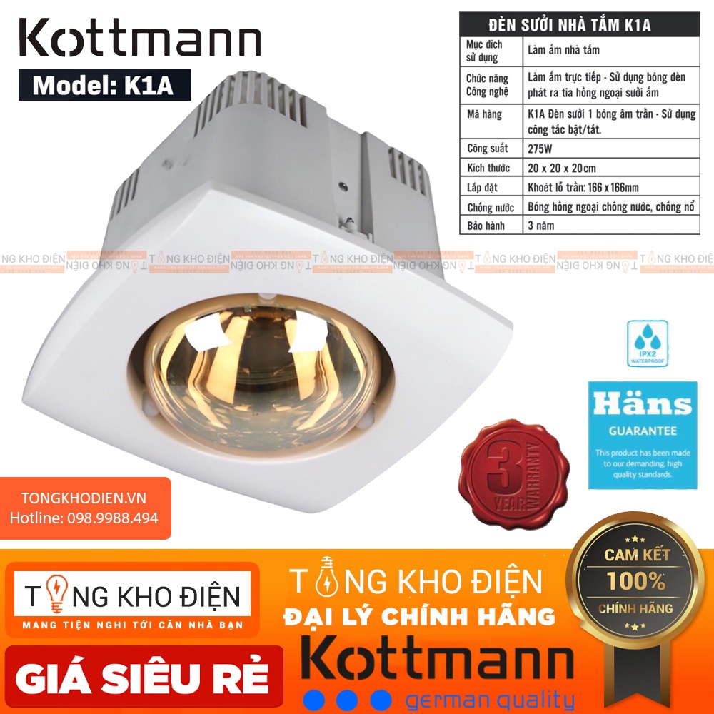 Đèn sưởi nhà tắm Kottmann 1 Âm Trần, Bóng Hồng Ngoại K1A