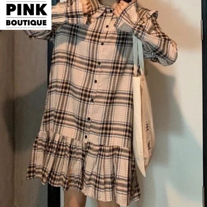 Váy Babydoll, Đầm Tay Dài Đuôi Cá Cổ Sen Kẻ Sọc Caro Cài Cúc PINKBOUTIQUE