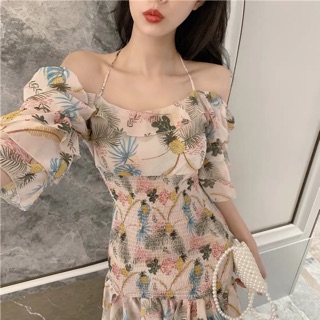 (CÓ SẴN) Đầm voan hoa trễ vai bo thun korea