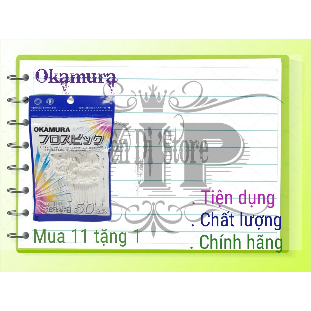 (Mua 11 tặng 1) Combo 12 gói 50p tăm chỉ nha khoa Nhật Bản Okamura.