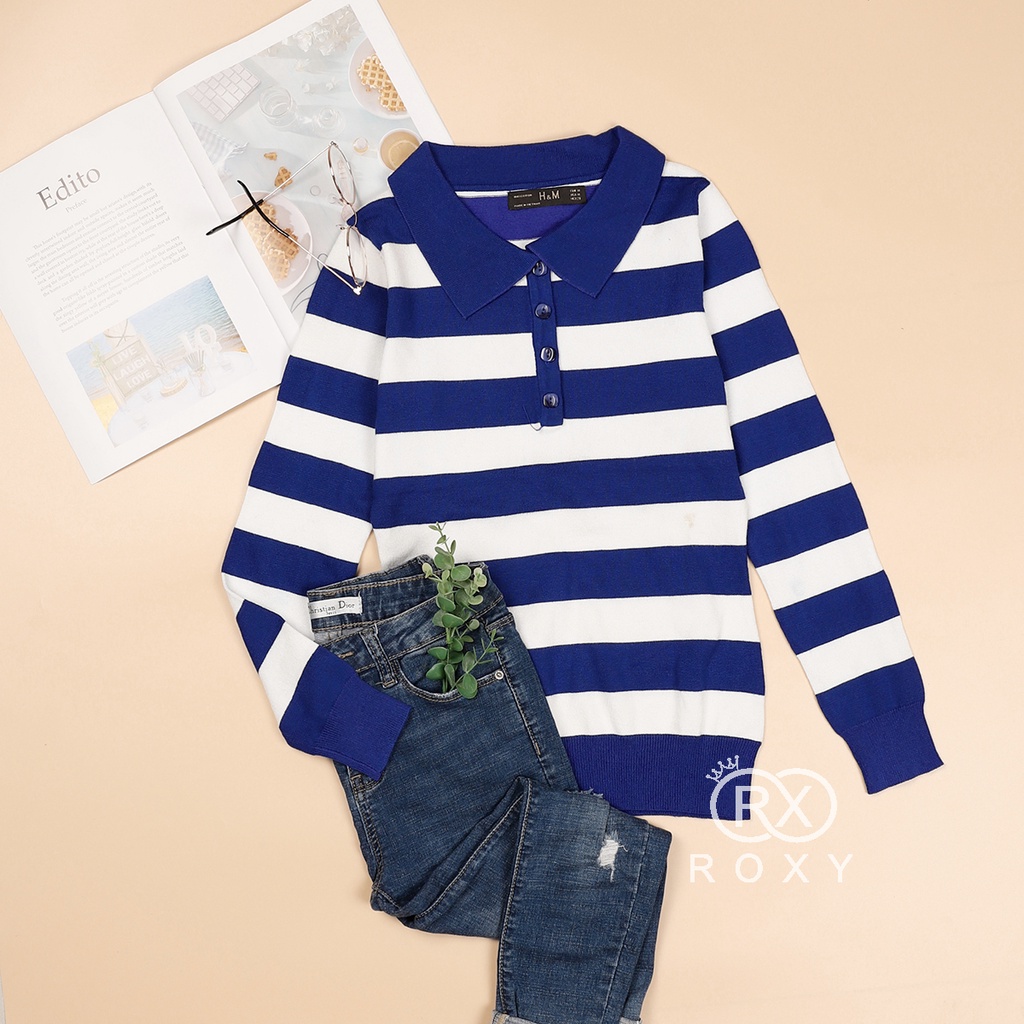 Áo Len Bẻ Cổ Cài Nút Tay Dài Sọc Ngang | BigBuy360 - bigbuy360.vn