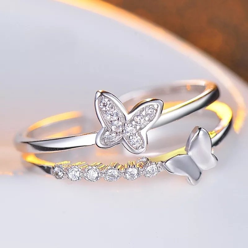 Roselife Korean Crystal Butterfly Open Ring Engagement Party Jewelry