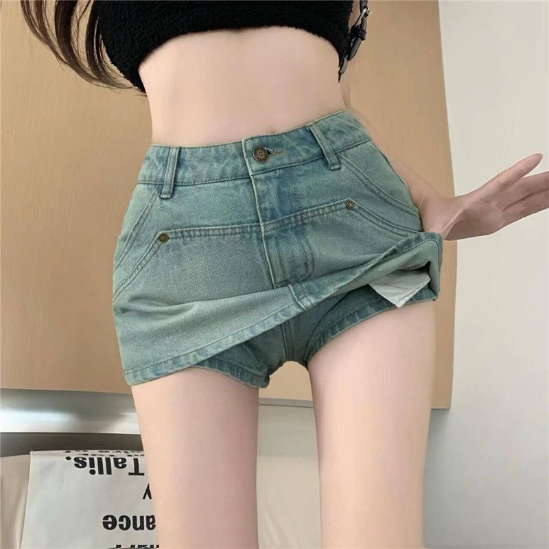Jiashucheng Hàng Có Sẵn Quần Culottes Denim Xanh Nhạt Dáng Chữ a Lưng Cao Ôm Hông Chống Lóa Phong Cách Mới Mùa Hè Cho Nữ