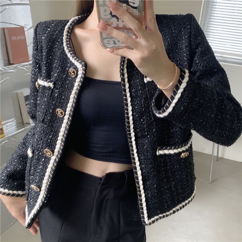 Áo khoác nữ dạ tweed ngắn màu đen