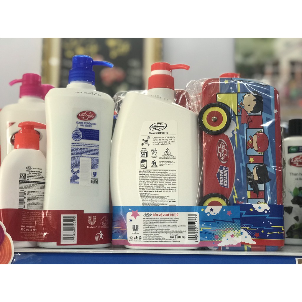 Combo Lifebuoy dầu gội 640g tóc dài óng ả tặng nước rửa tay + Lifebuoy sữa tắm 850g tặng hộp bút thiếc