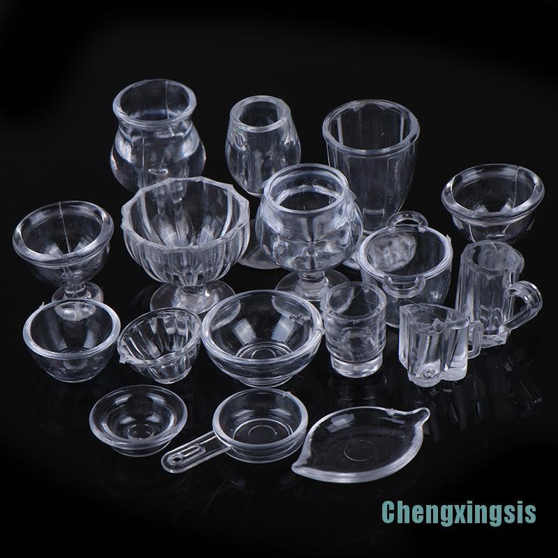 Set 17 mô hình dụng cụ bàn ăn đồ chơi mini trong suốt đóng vai tỉ lệ 1:12 dành cho nhà búp bê
