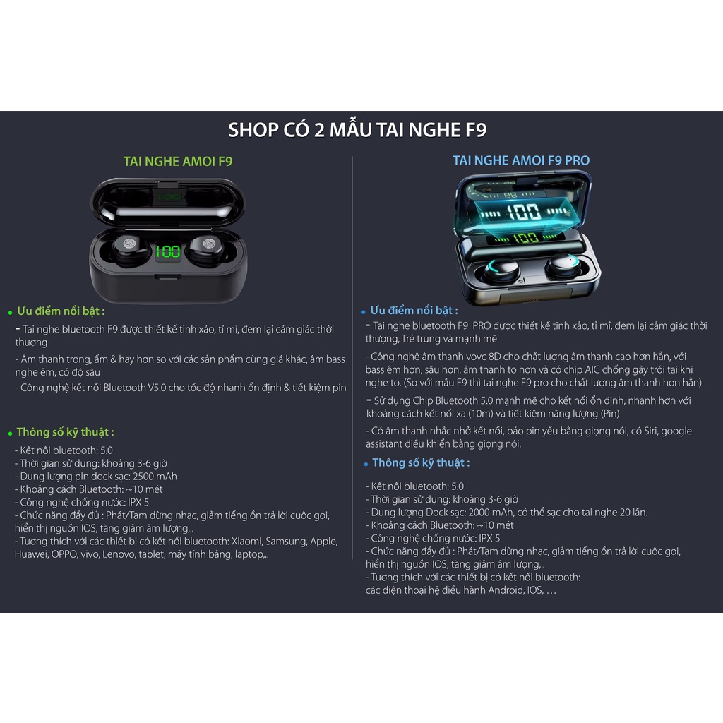 HỎA TỐC 2H -Tai nghe True Wireless Amoi F9 PRO Bluetooth 5.0 phiên bản cảm ứng, kiêm sạc dự phòng - BẢO HÀNH 12T