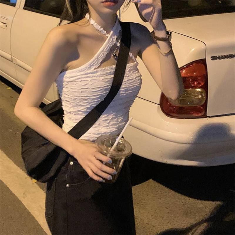 Áo Yếm Phụ Nữ Mùa Hè Ngắn Màu Hồng Sexy Đồ Trẻ Em Chéo Hai Dây Cổ Áo Khoác Bên Ngoài Ống Trên