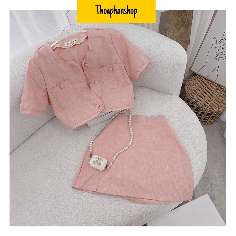 SET DẠ ÁO CROPTOP NÚT BỌC CÓ TÚI + CHÂN VÁY HỒNG [kèm ảnh thật ]